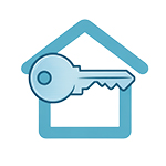 A Light blue icon of a house and key representing rental properties
